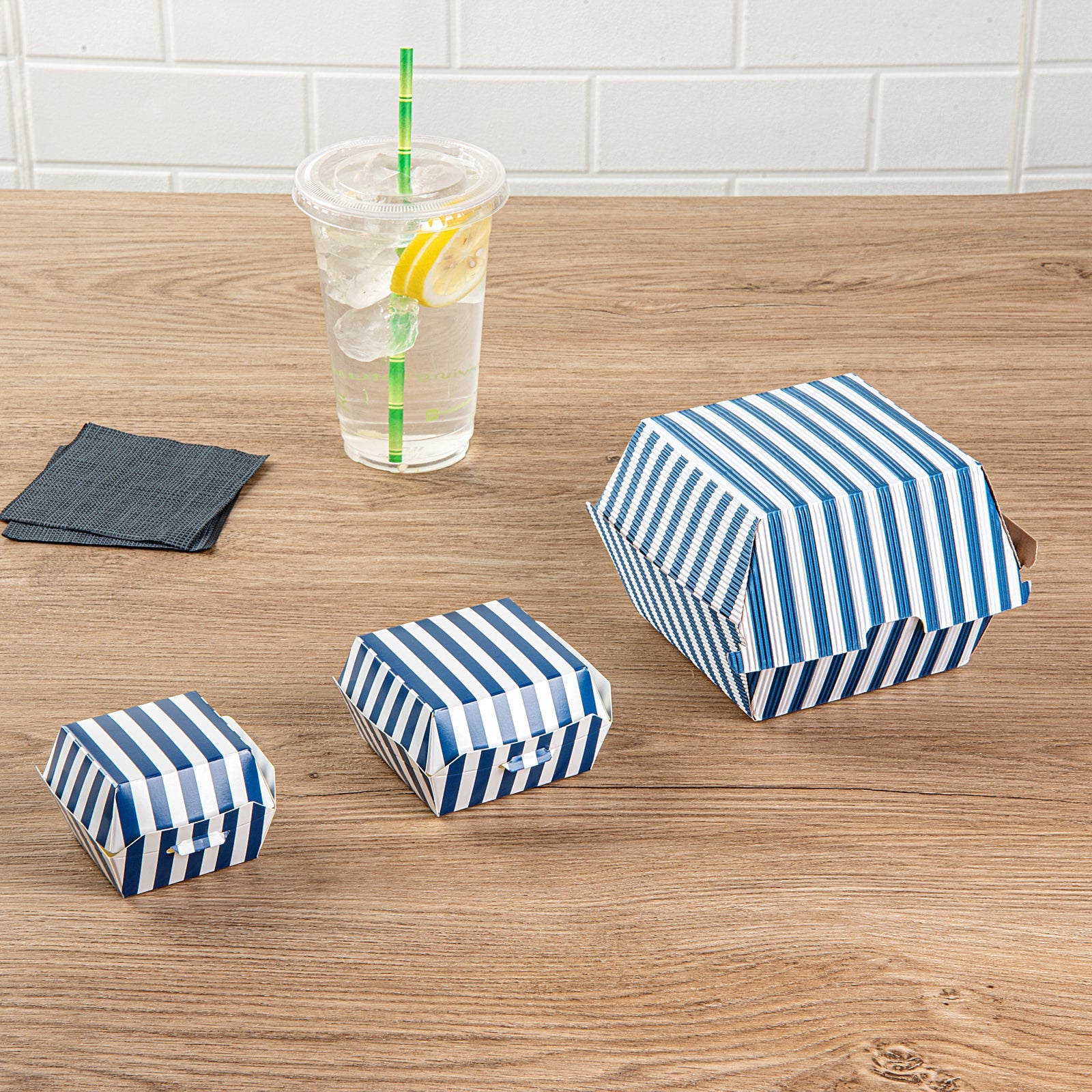 Bio Tek Blue and White Stripe Paper Mini Burger Box - 2 3/4" x 2 3/4" x 2" - 100 count box