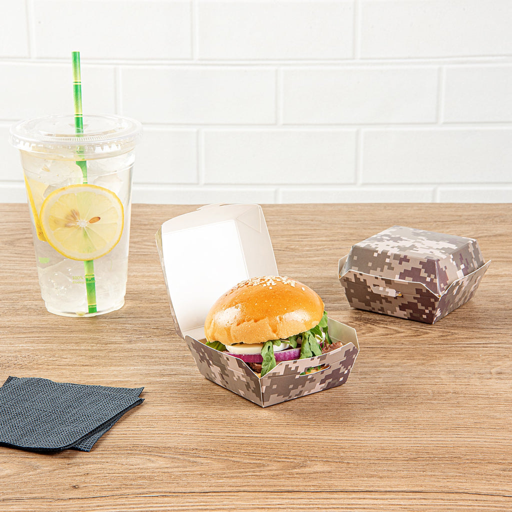 Bio Tek Camouflage Paper Mini Burger Box - 2 3/4" x 2 3/4" x 2" - 100 count box