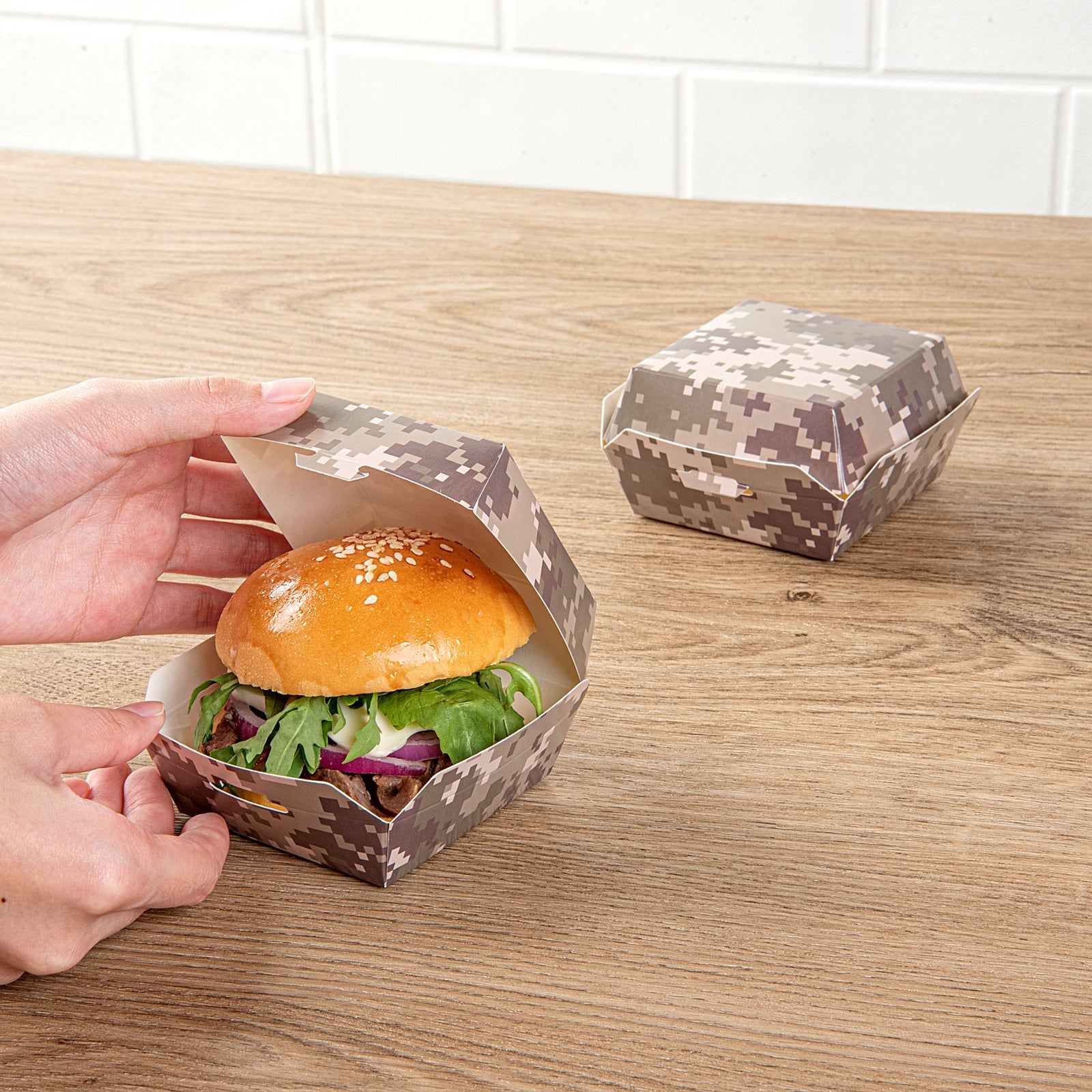 Bio Tek Camouflage Paper Mini Burger Box - 2 3/4" x 2 3/4" x 2" - 100 count box