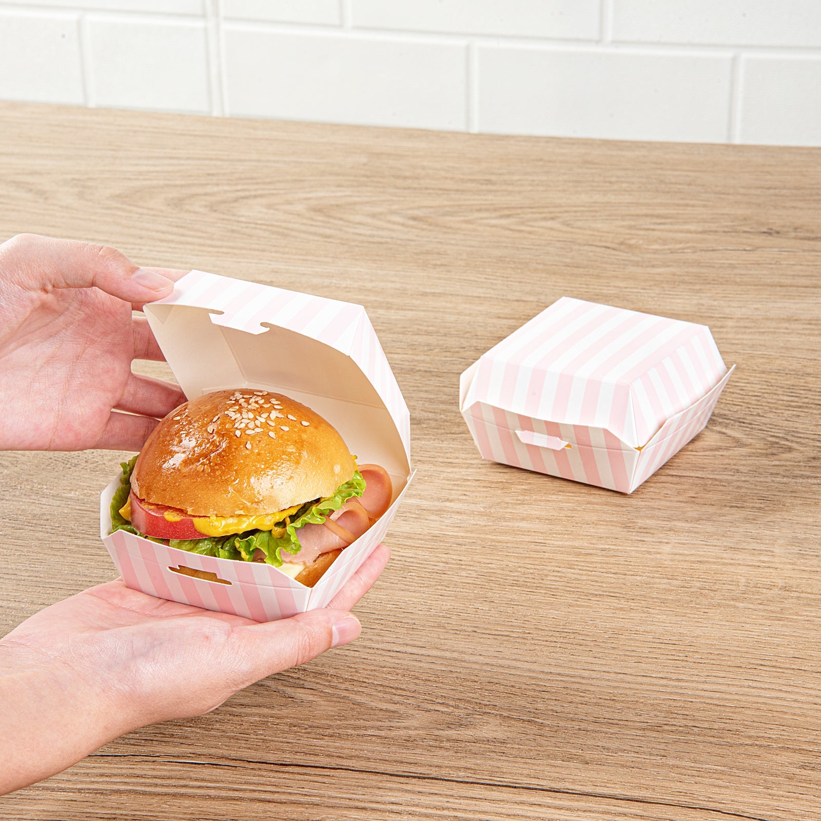 Bio Tek Pink and White Stripe Paper Mini Burger Box - 2 3/4" x 2 3/4" x 2" - 100 count box