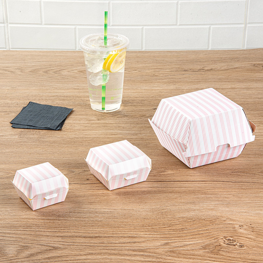 Bio Tek Pink and White Stripe Paper Mini Burger Box - 2 3/4" x 2 3/4" x 2" - 100 count box