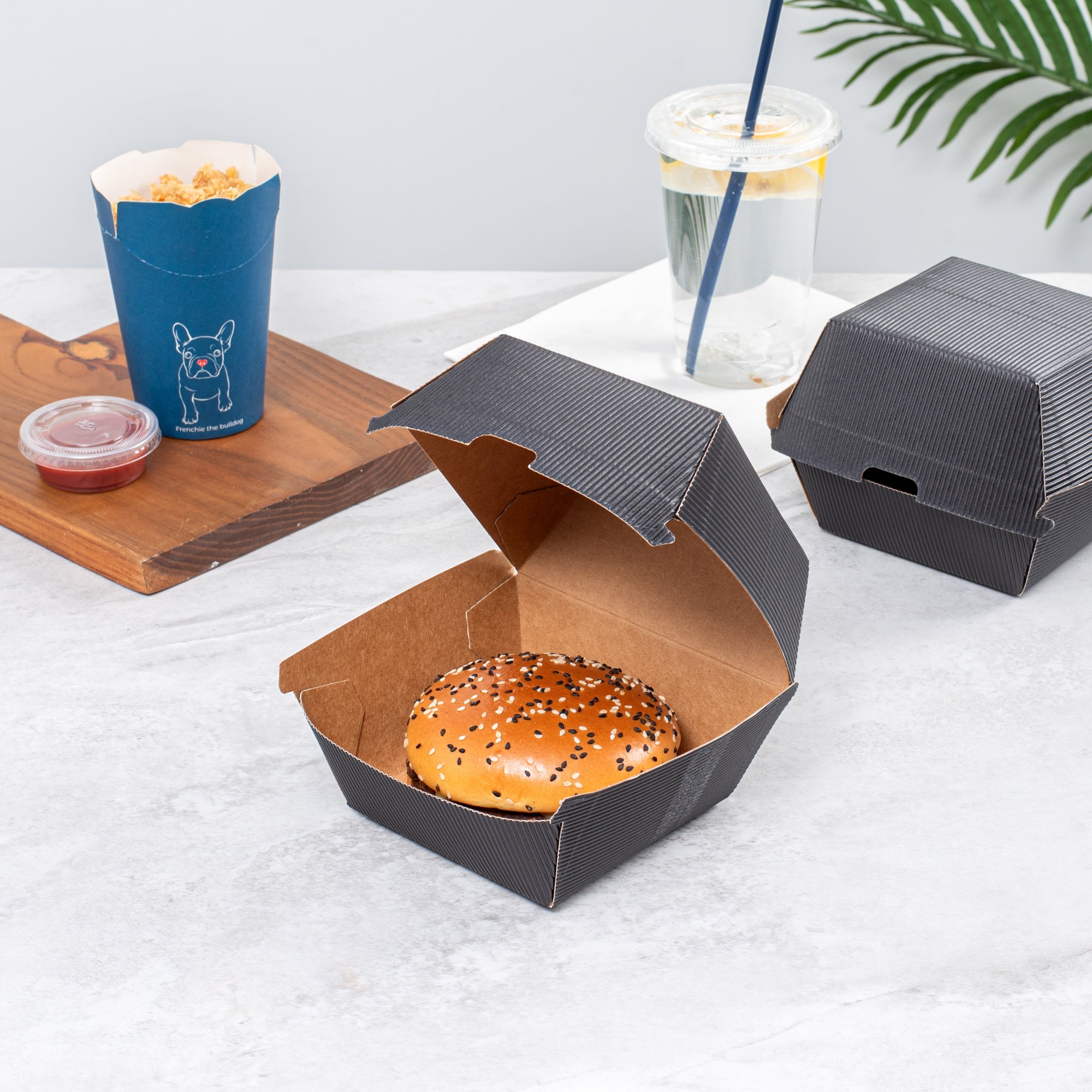 Bio Tek Black Paper Burger Box - Ripple Wall - 4" x 4" x 3 3/4" - 100 count box