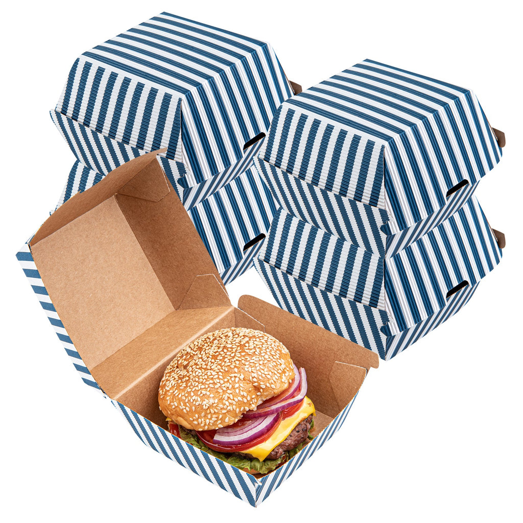 Bio Tek Blue and White Stripe Paper Burger Box - Ripple Wall - 4" x 4" x 3 3/4" - 100 count box