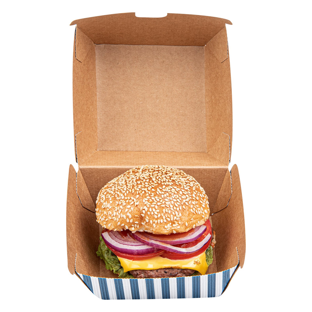 Bio Tek Blue and White Stripe Paper Burger Box - Ripple Wall - 4" x 4" x 3 3/4" - 100 count box