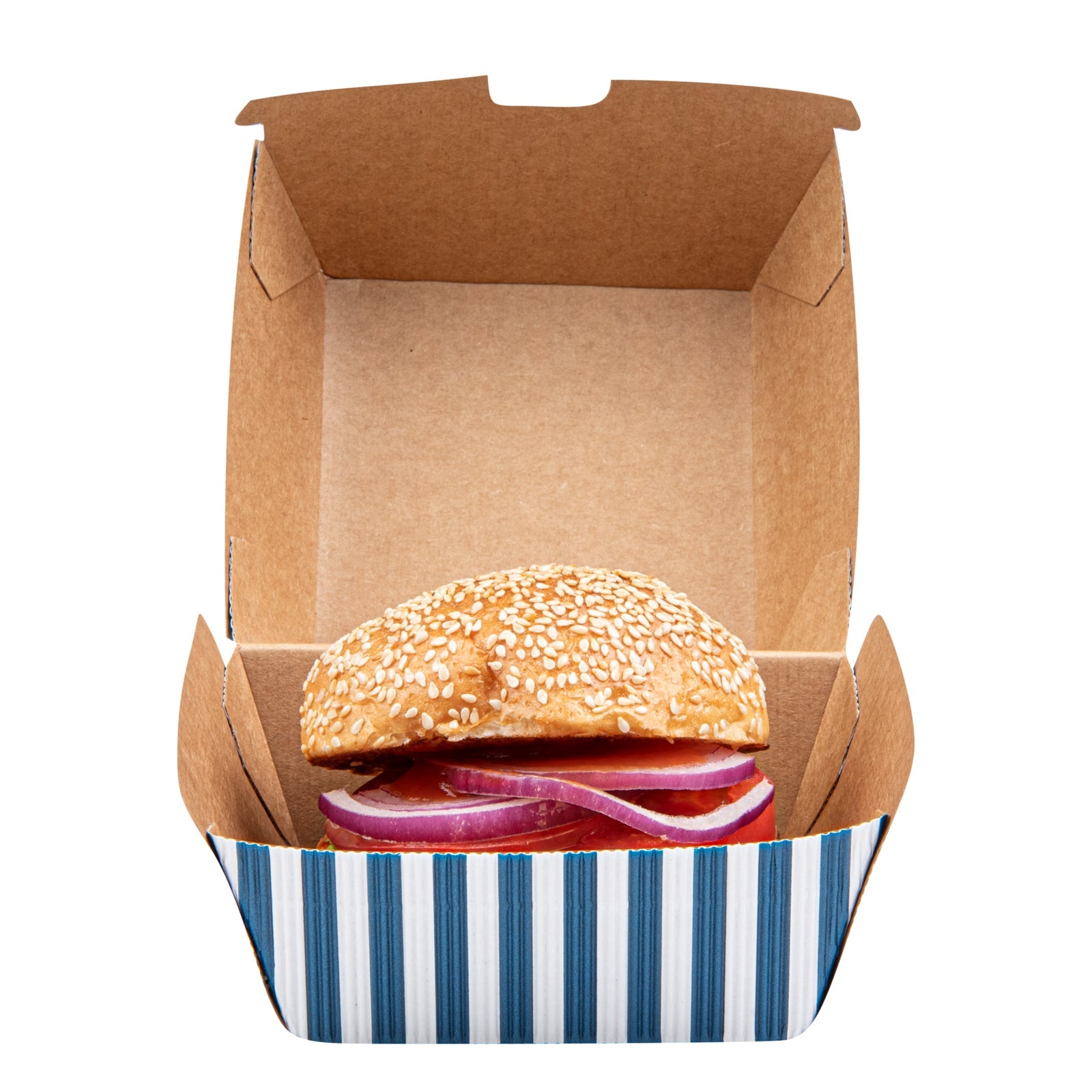 Bio Tek Blue and White Stripe Paper Burger Box - Ripple Wall - 4" x 4" x 3 3/4" - 100 count box