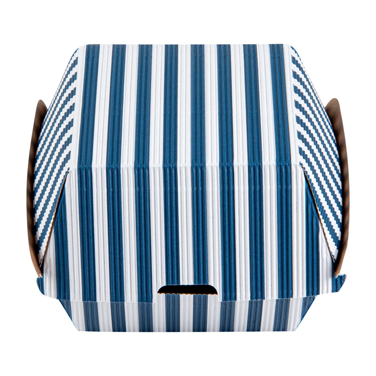 Bio Tek Blue and White Stripe Paper Burger Box - Ripple Wall - 4" x 4" x 3 3/4" - 100 count box