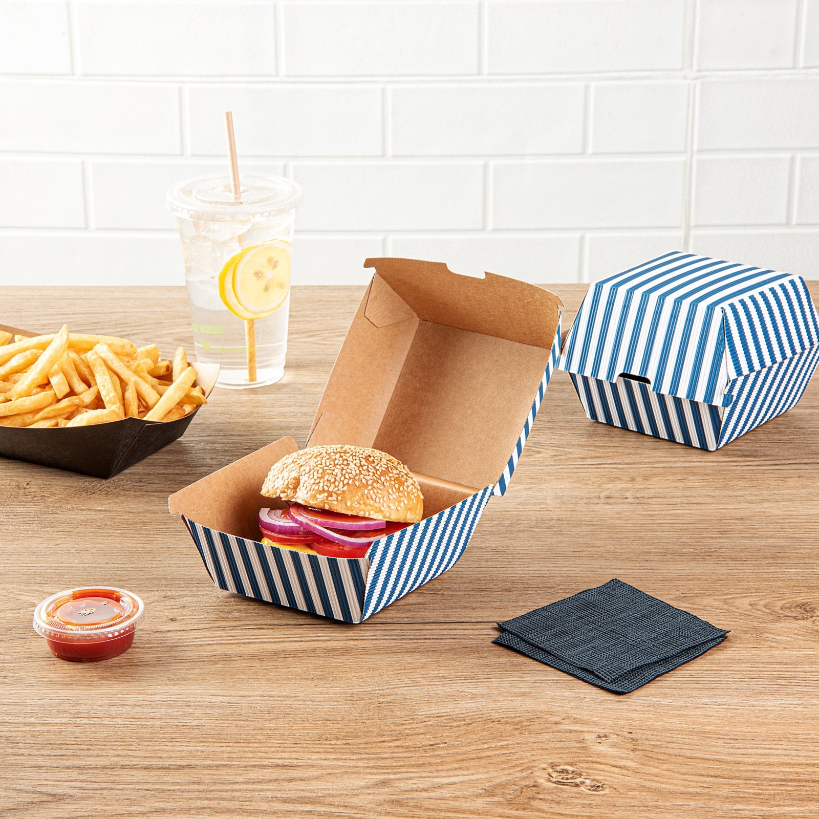 Bio Tek Blue and White Stripe Paper Burger Box - Ripple Wall - 4" x 4" x 3 3/4" - 100 count box