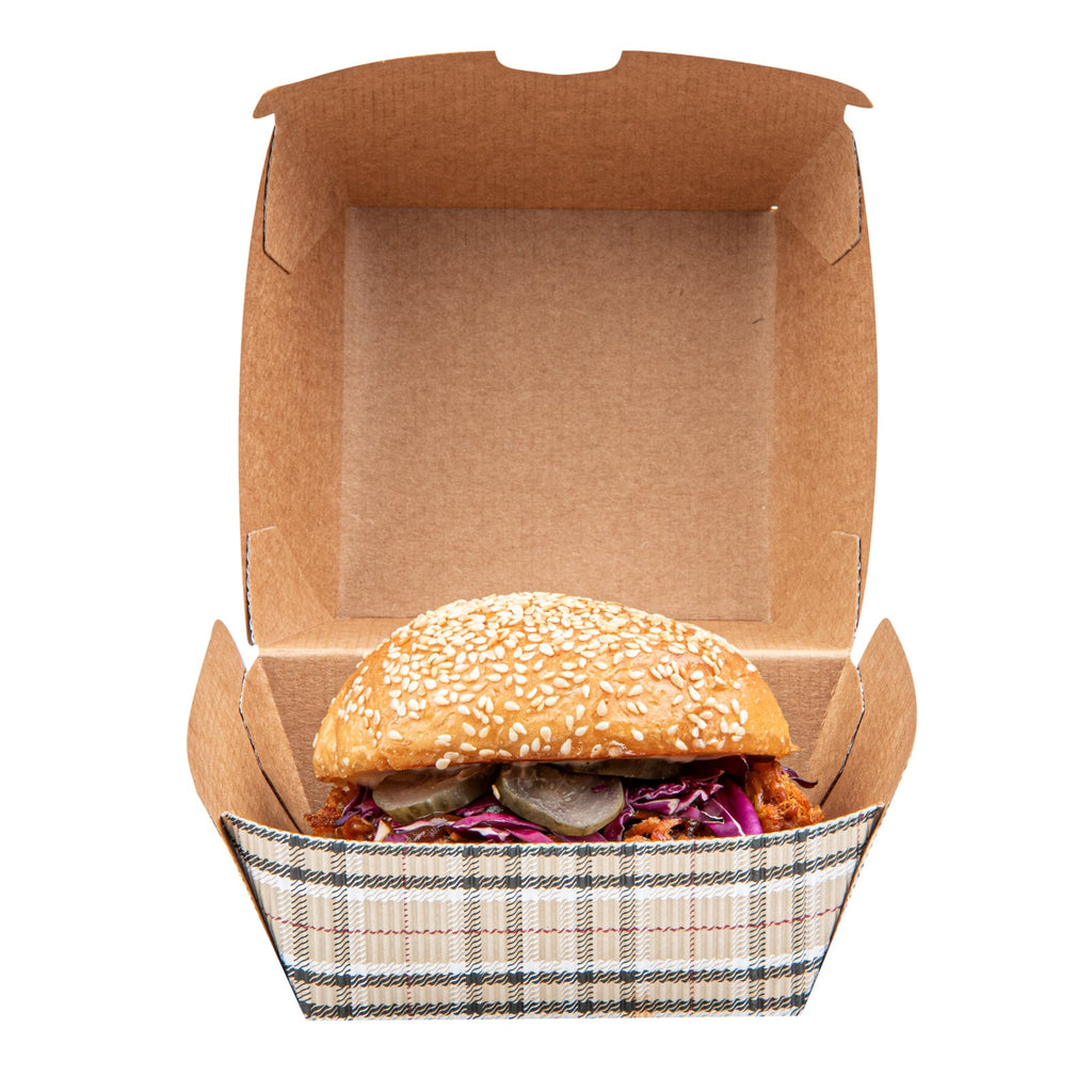 Bio Tek Plaid Paper Burger Box - Ripple Wall - 4" x 4" x 3 3/4" - 100 count box