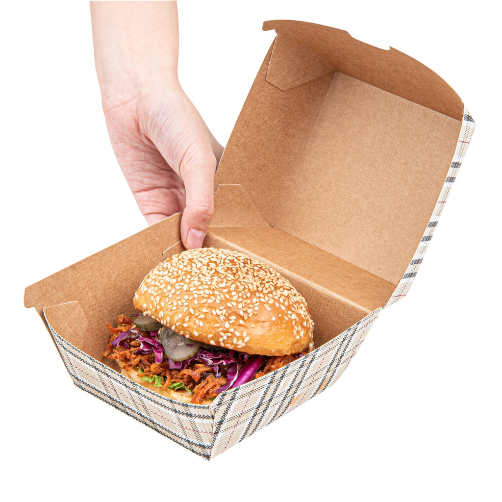 Bio Tek Plaid Paper Burger Box - Ripple Wall - 4" x 4" x 3 3/4" - 100 count box