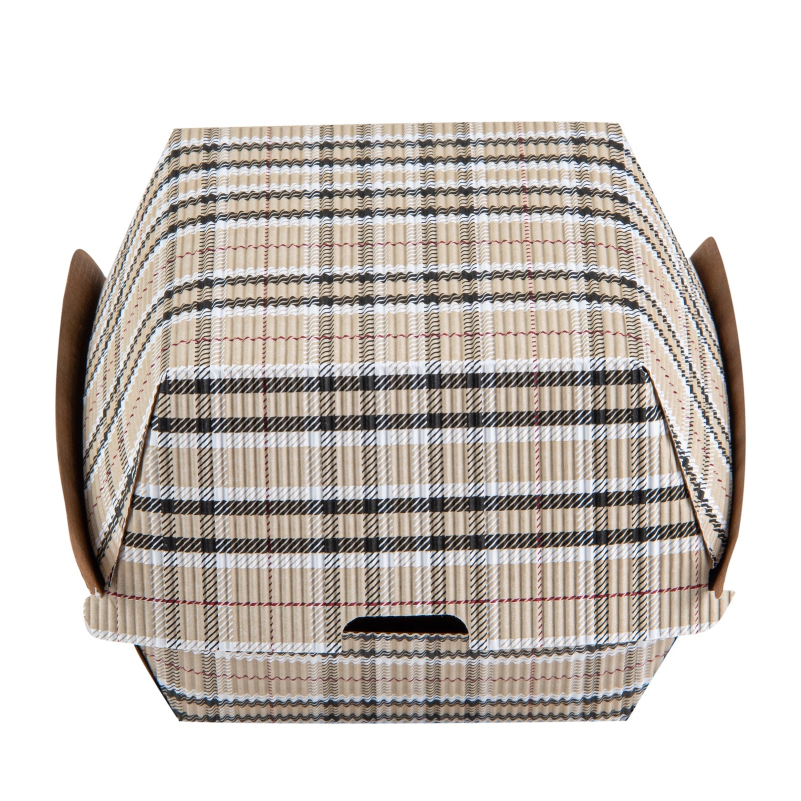 Bio Tek Plaid Paper Burger Box - Ripple Wall - 4" x 4" x 3 3/4" - 100 count box