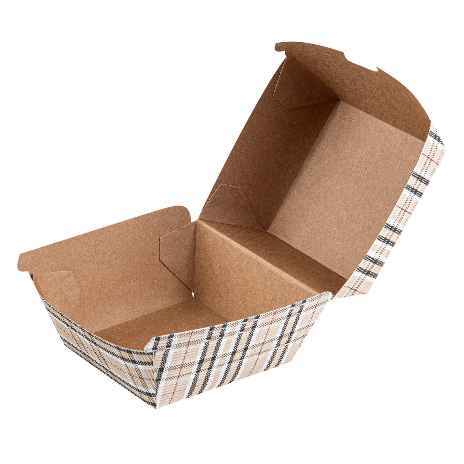 Bio Tek Plaid Paper Burger Box - Ripple Wall - 4" x 4" x 3 3/4" - 100 count box