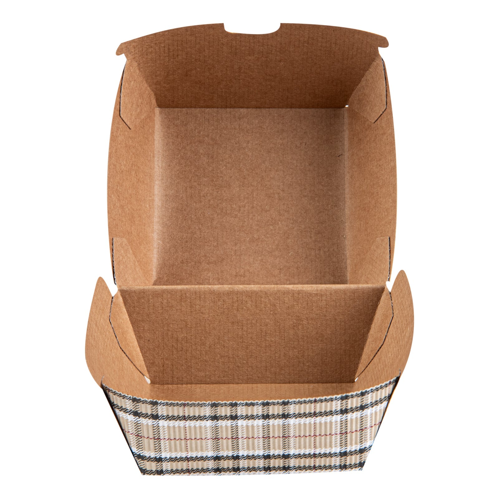 Bio Tek Plaid Paper Burger Box - Ripple Wall - 4" x 4" x 3 3/4" - 100 count box