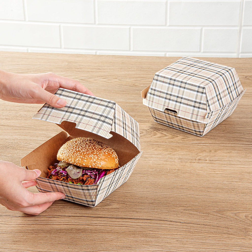Bio Tek Plaid Paper Burger Box - Ripple Wall - 4" x 4" x 3 3/4" - 100 count box