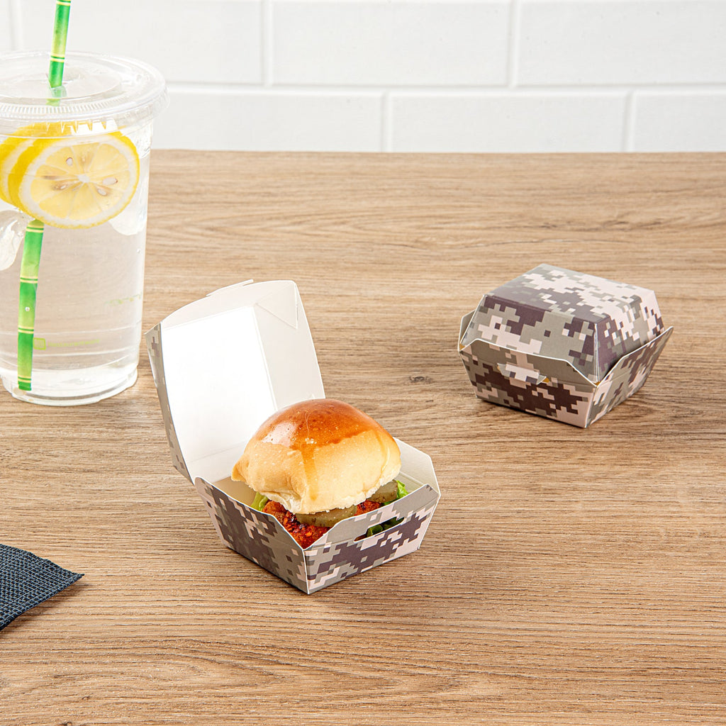 Bio Tek Camouflage Paper Burger Box - Ripple Wall - 4" x 4" x 3 3/4" - 100 count box