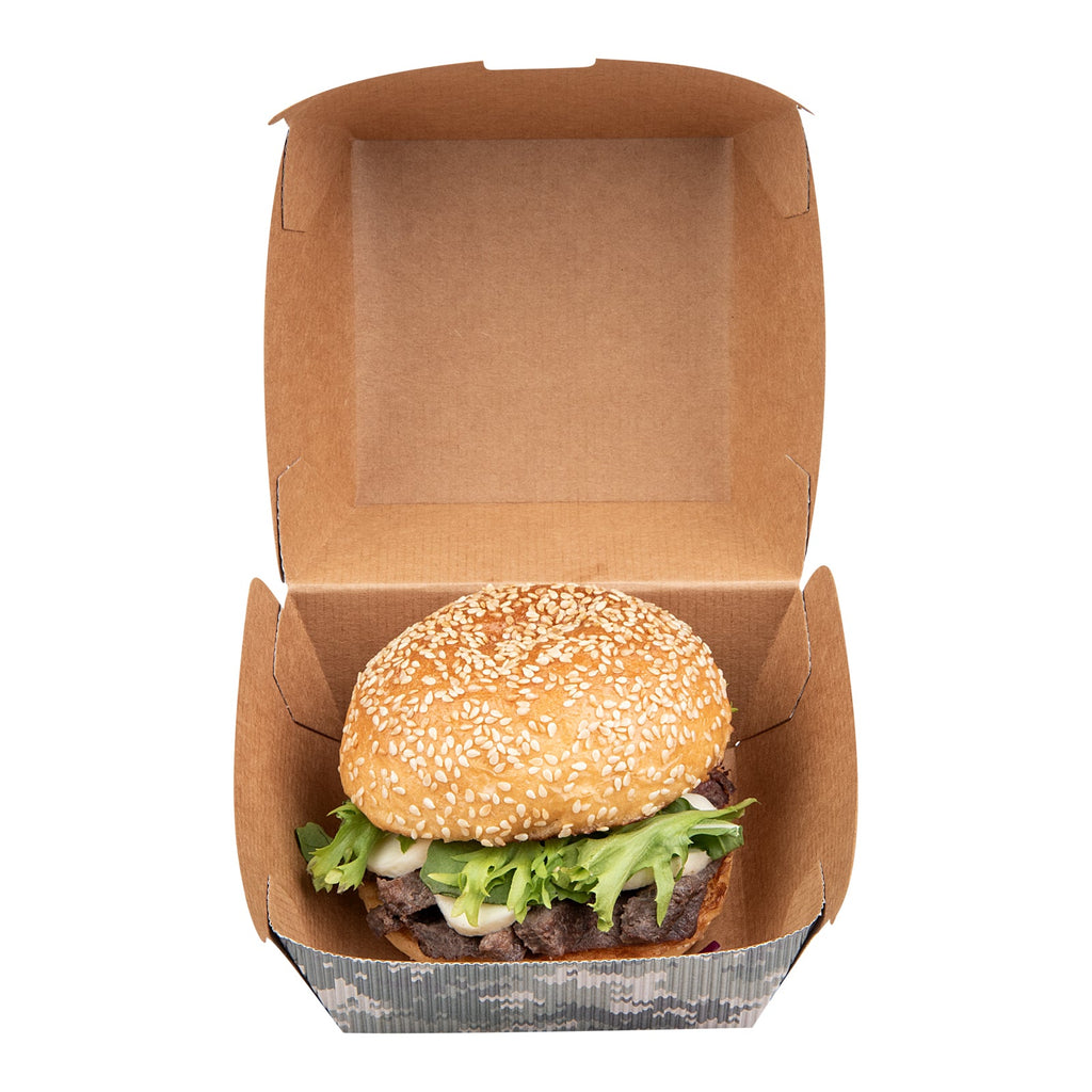 Bio Tek Camouflage Paper Burger Box - Ripple Wall - 4" x 4" x 3 3/4" - 100 count box