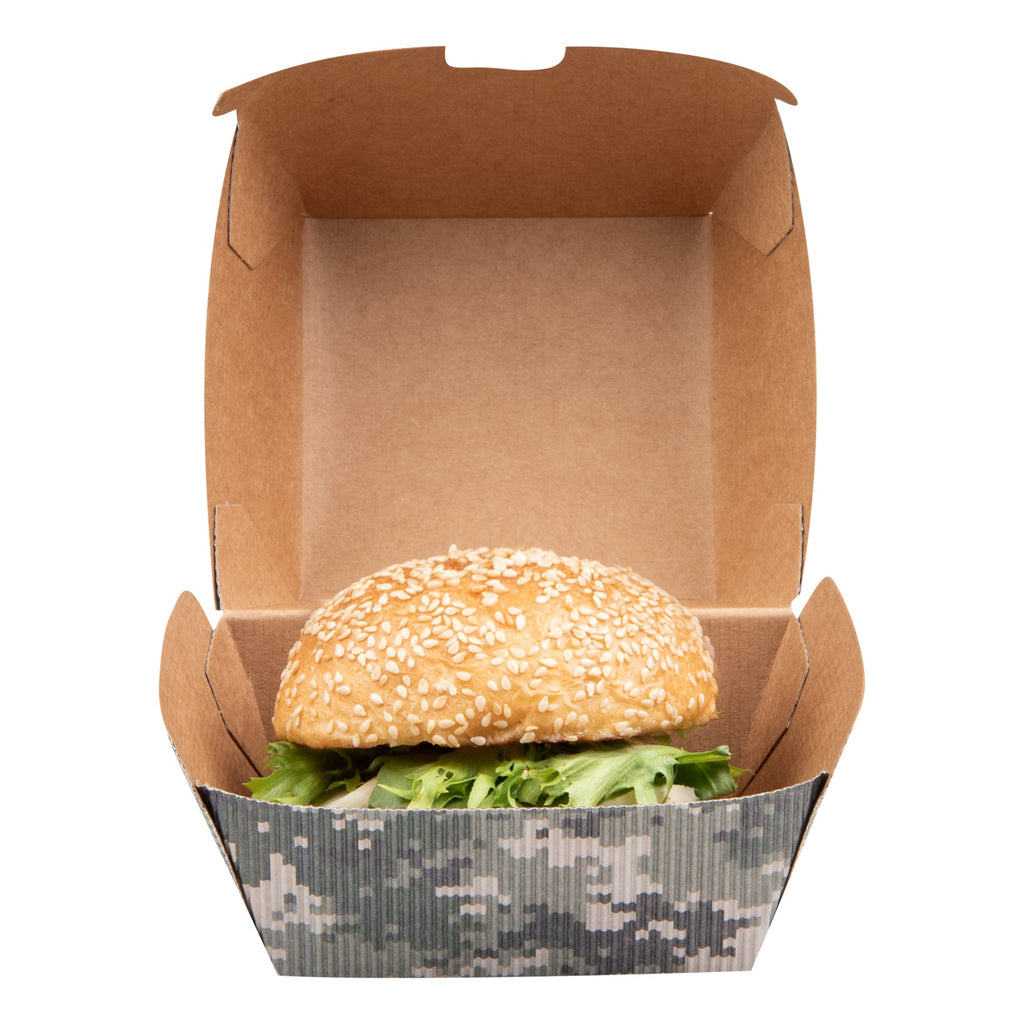 Bio Tek Camouflage Paper Burger Box - Ripple Wall - 4" x 4" x 3 3/4" - 100 count box