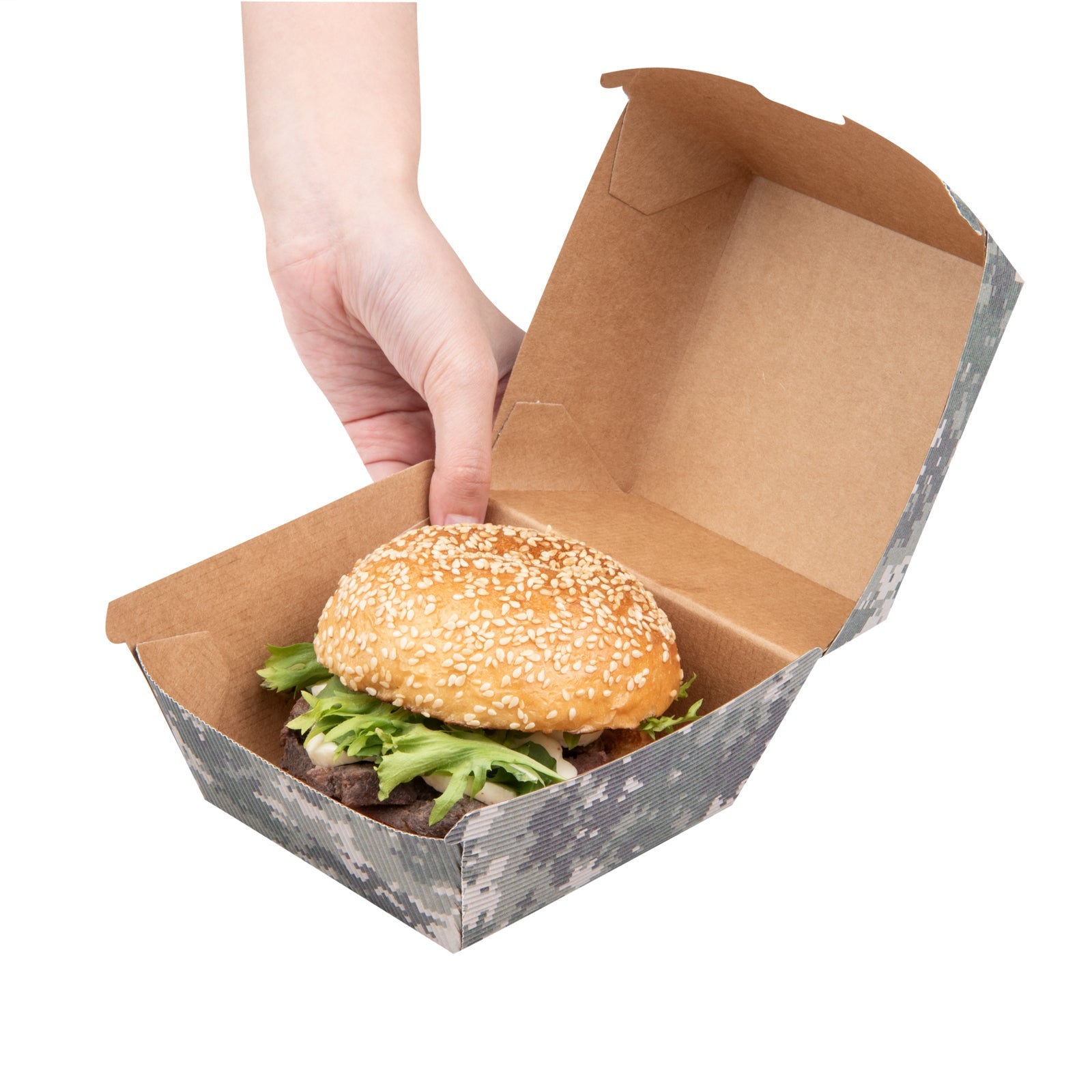 Bio Tek Camouflage Paper Burger Box - Ripple Wall - 4" x 4" x 3 3/4" - 100 count box
