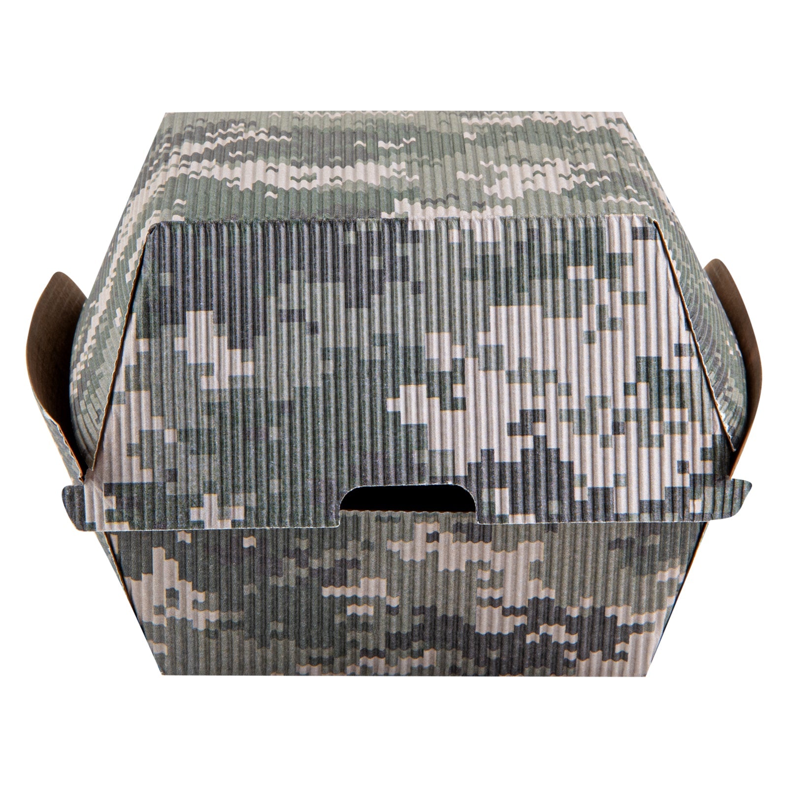 Bio Tek Camouflage Paper Burger Box - Ripple Wall - 4" x 4" x 3 3/4" - 100 count box