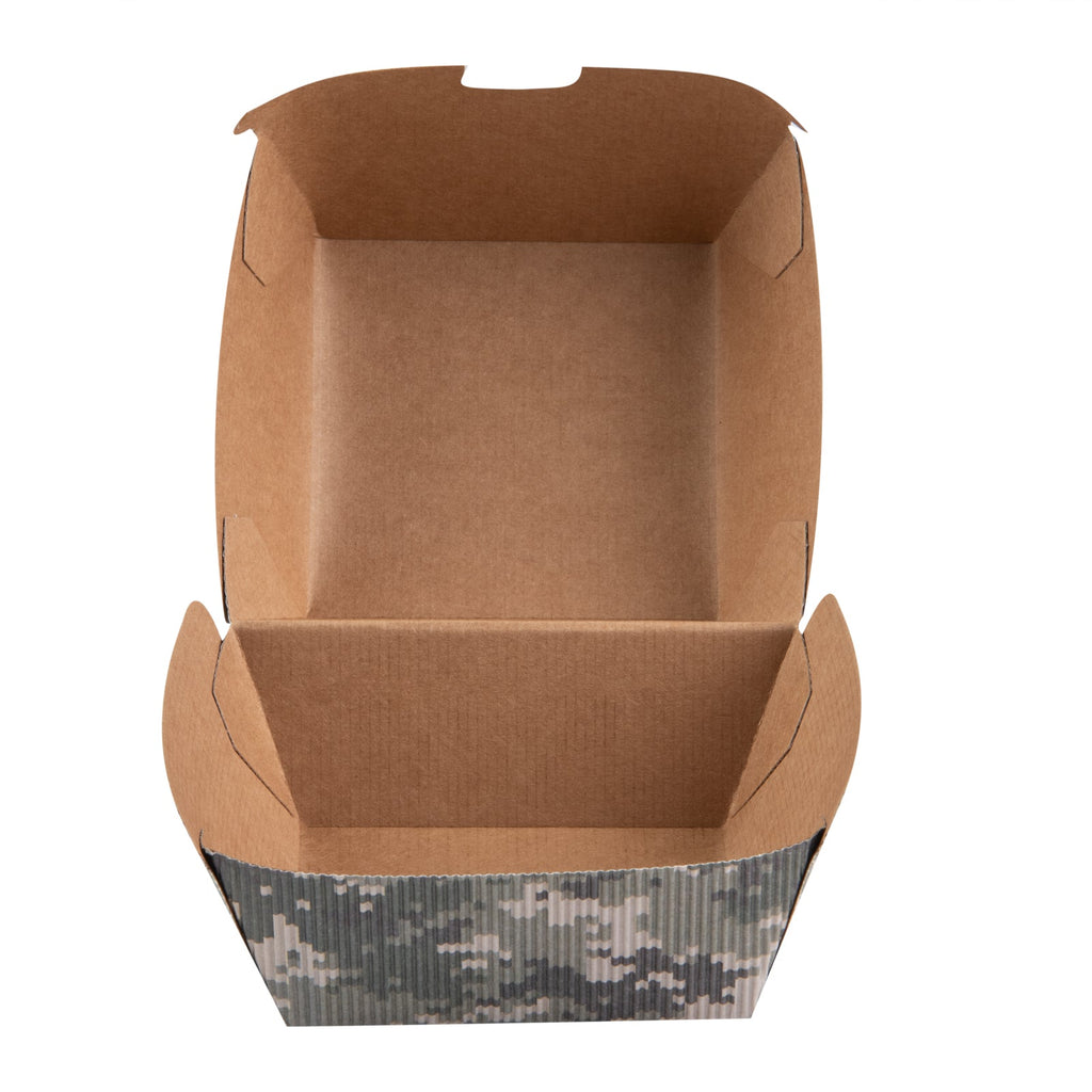 Bio Tek Camouflage Paper Burger Box - Ripple Wall - 4" x 4" x 3 3/4" - 100 count box