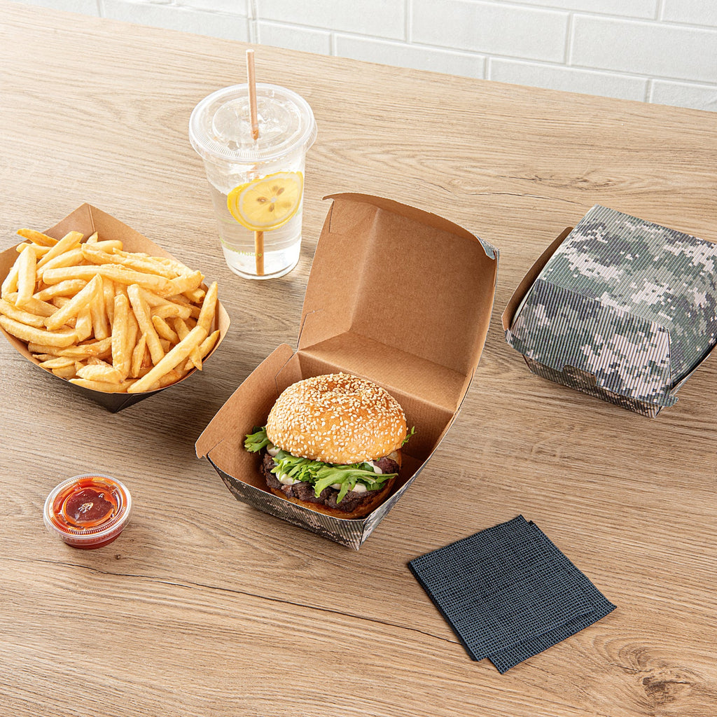 Bio Tek Camouflage Paper Burger Box - Ripple Wall - 4" x 4" x 3 3/4" - 100 count box