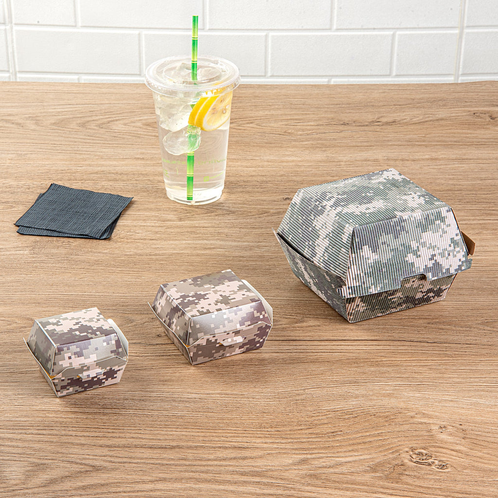Bio Tek Camouflage Paper Burger Box - Ripple Wall - 4" x 4" x 3 3/4" - 100 count box