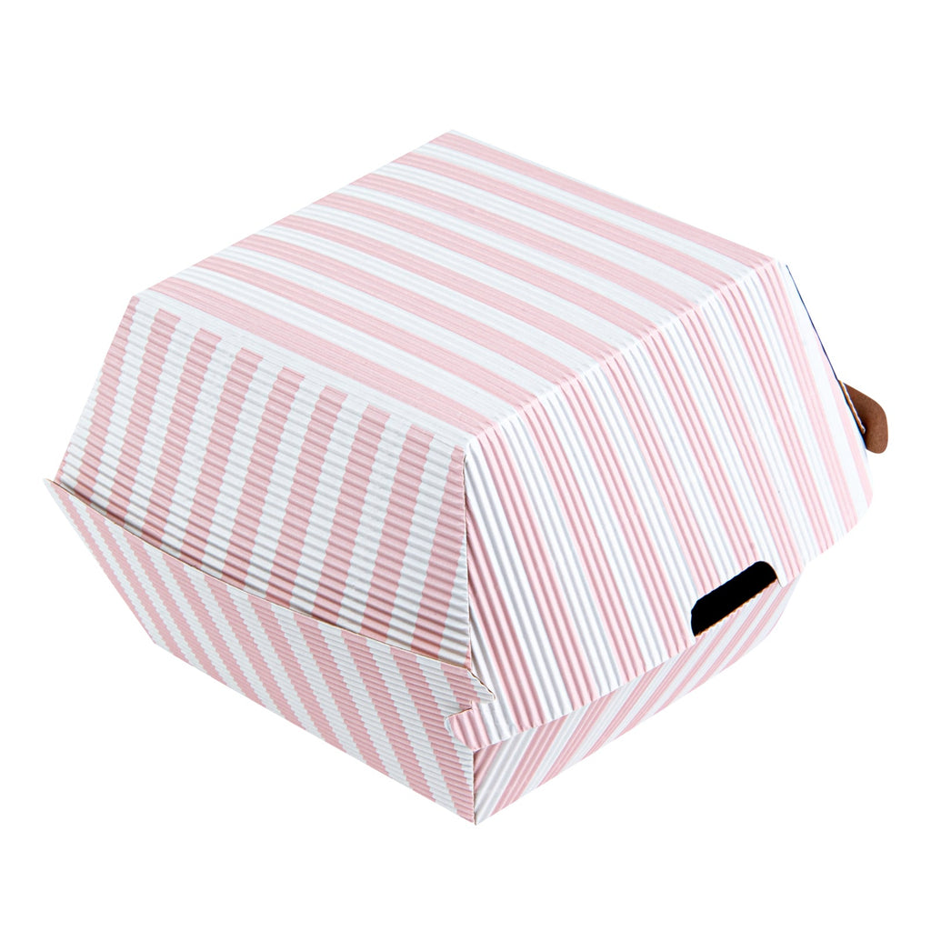Bio Tek Pink and White Stripe Paper Burger Box - Ripple Wall - 4" x 4" x 3 3/4" - 100 count box