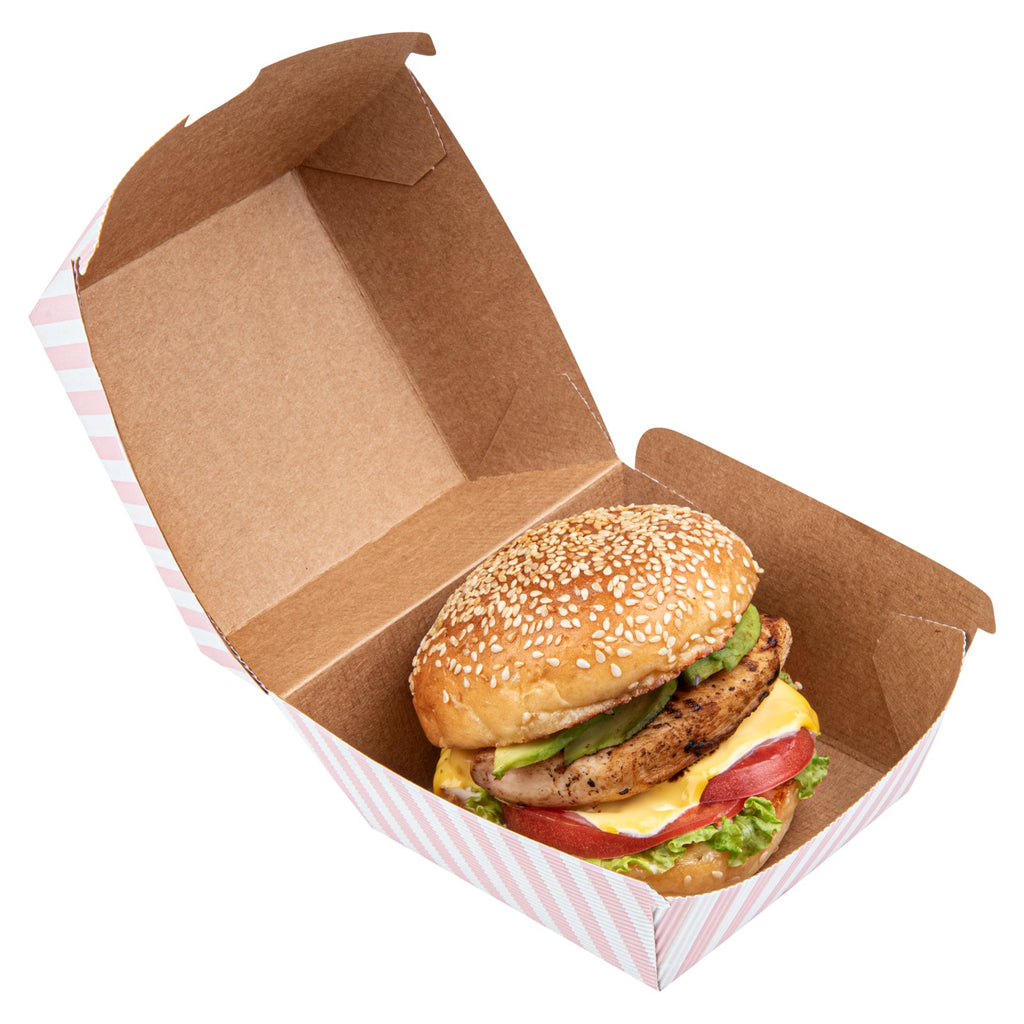 Bio Tek Pink and White Stripe Paper Burger Box - Ripple Wall - 4" x 4" x 3 3/4" - 100 count box