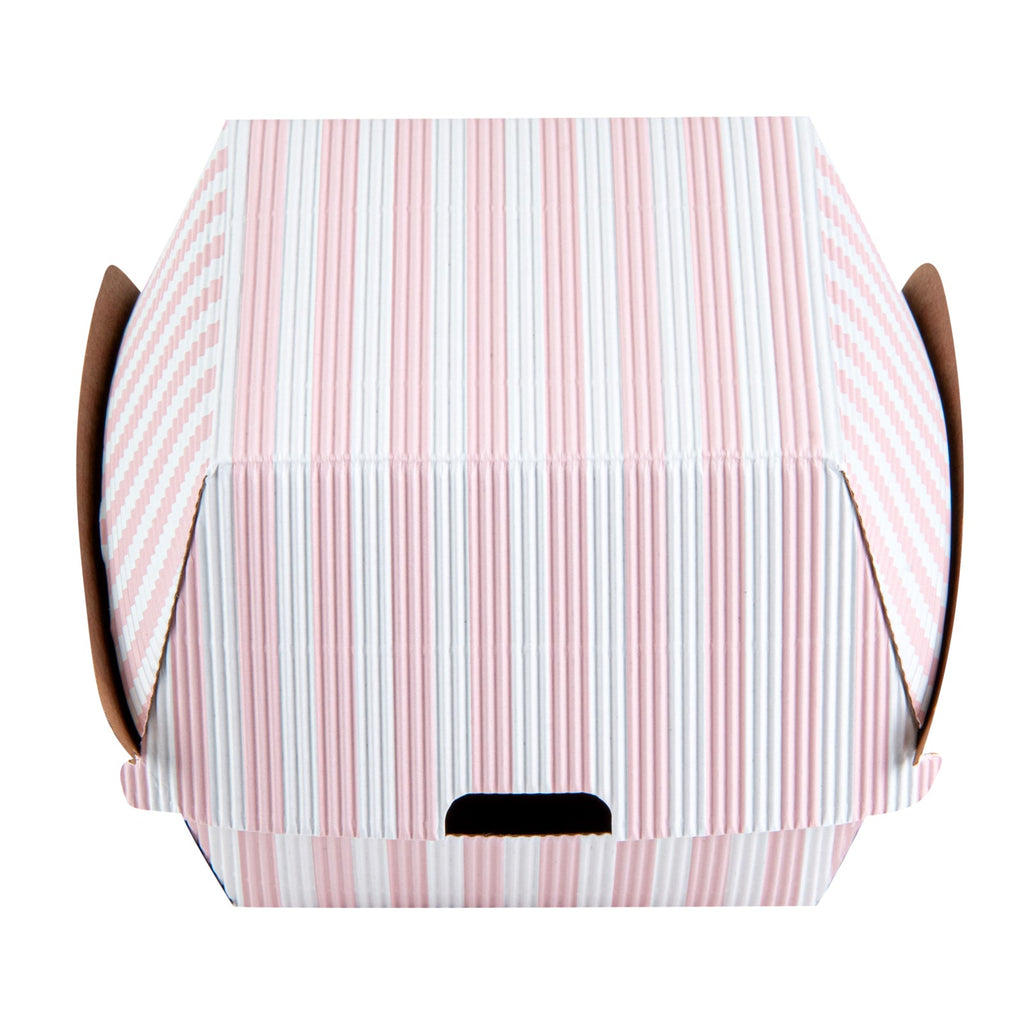 Bio Tek Pink and White Stripe Paper Burger Box - Ripple Wall - 4" x 4" x 3 3/4" - 100 count box