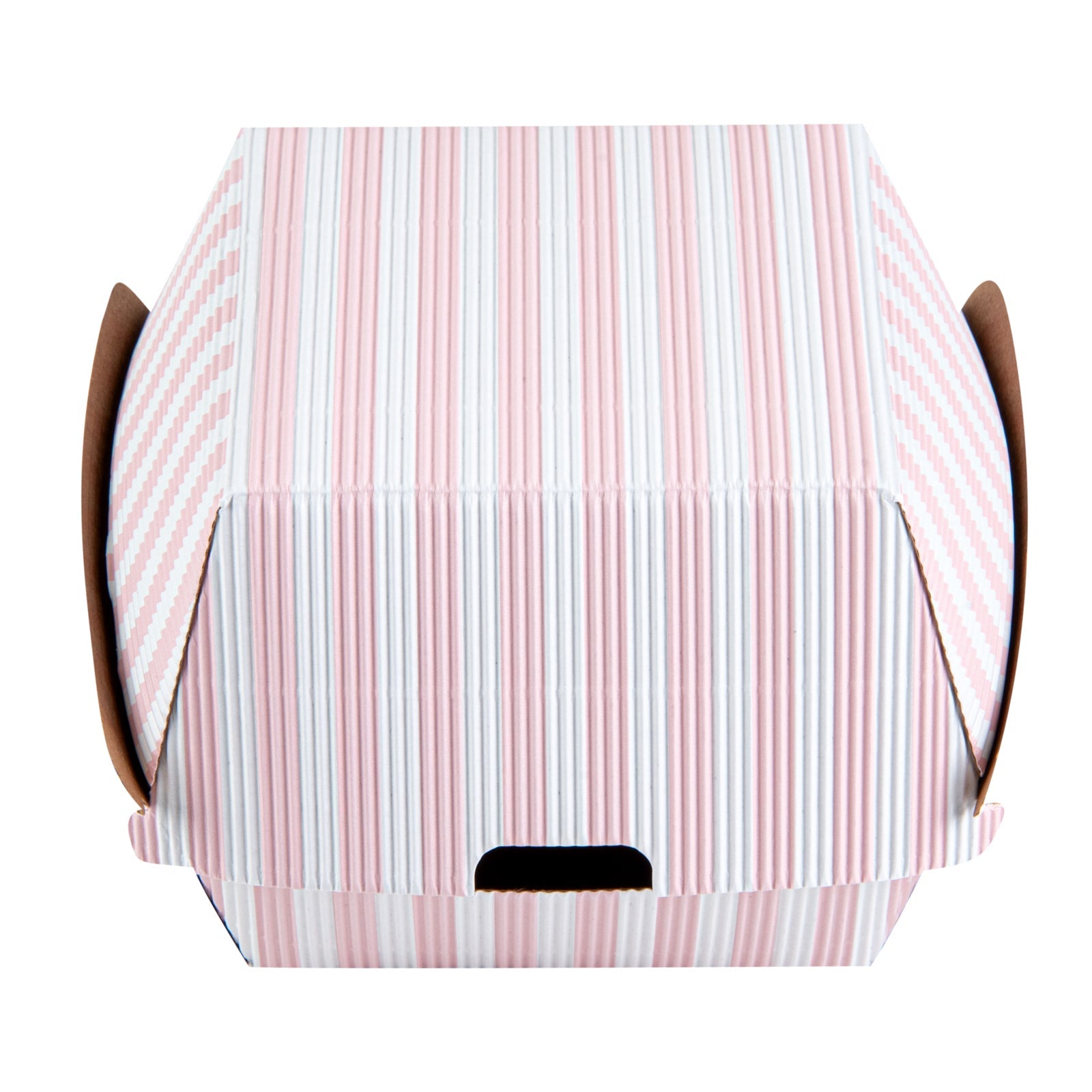 Bio Tek Pink and White Stripe Paper Burger Box - Ripple Wall - 4" x 4" x 3 3/4" - 100 count box
