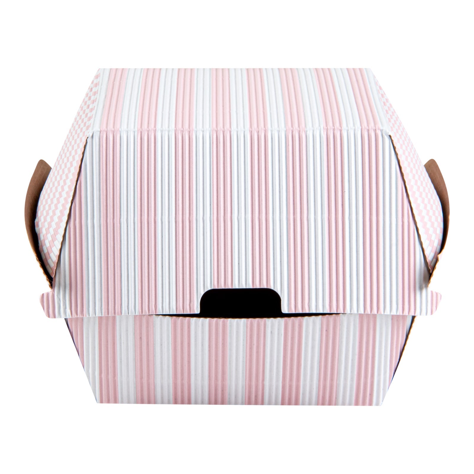 Bio Tek Pink and White Stripe Paper Burger Box - Ripple Wall - 4" x 4" x 3 3/4" - 100 count box
