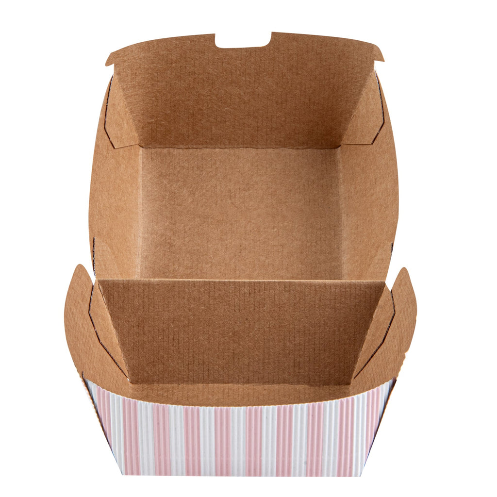 Bio Tek Pink and White Stripe Paper Burger Box - Ripple Wall - 4" x 4" x 3 3/4" - 100 count box