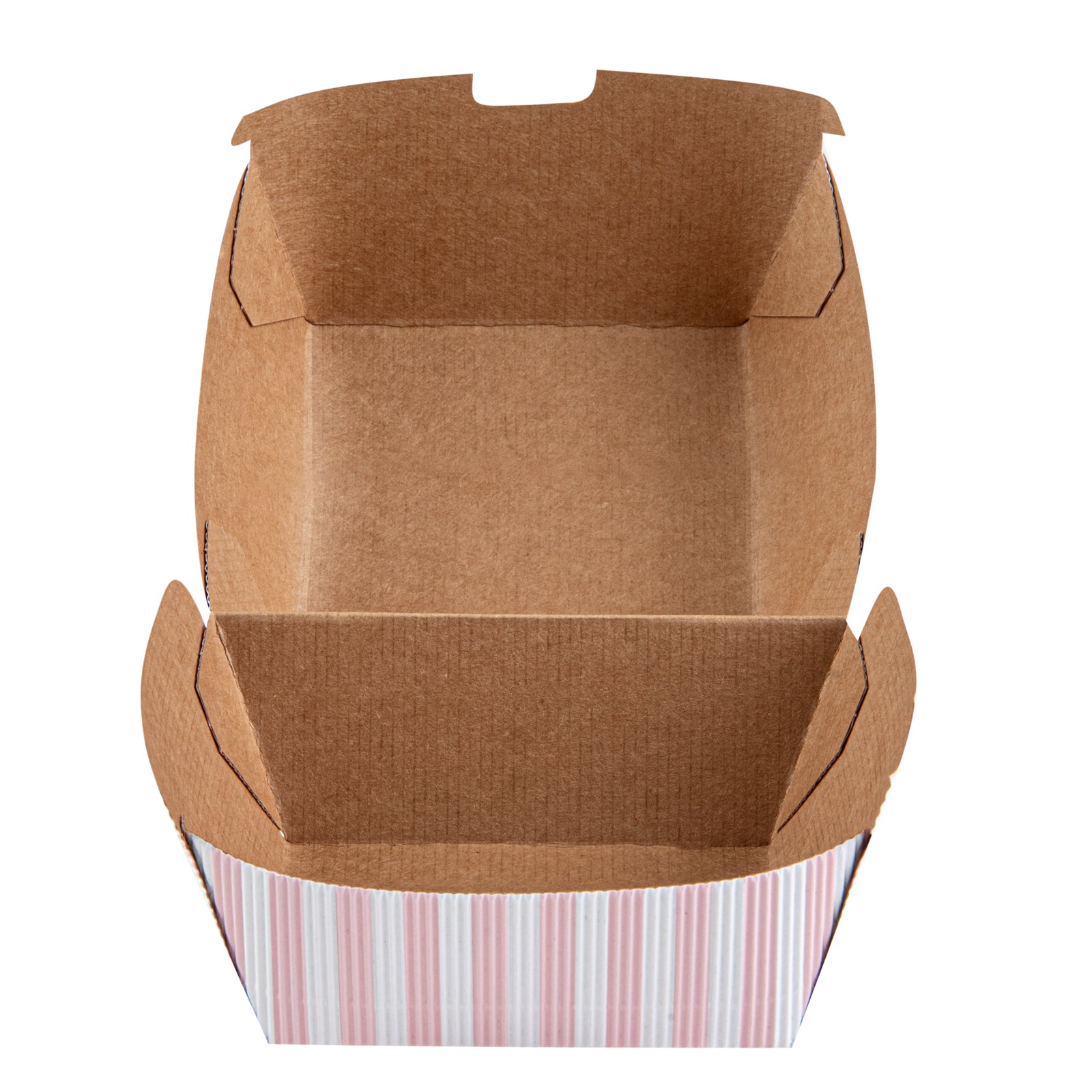Bio Tek Pink and White Stripe Paper Burger Box - Ripple Wall - 4" x 4" x 3 3/4" - 100 count box