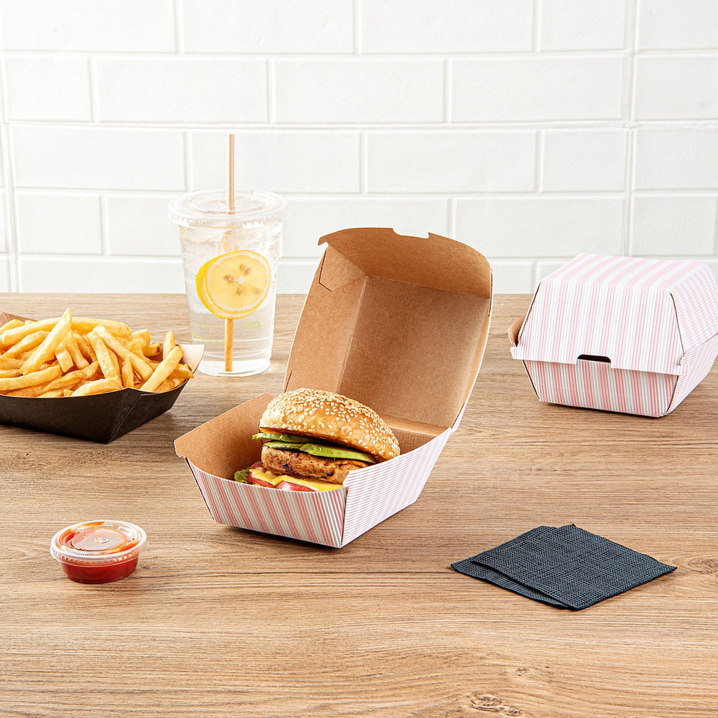 Bio Tek Pink and White Stripe Paper Burger Box - Ripple Wall - 4" x 4" x 3 3/4" - 100 count box