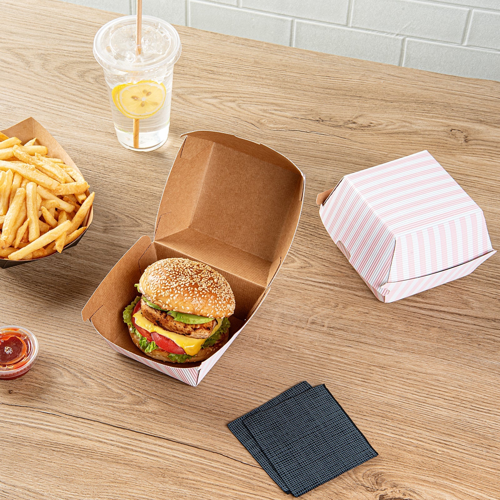 Bio Tek Pink and White Stripe Paper Burger Box - Ripple Wall - 4" x 4" x 3 3/4" - 100 count box