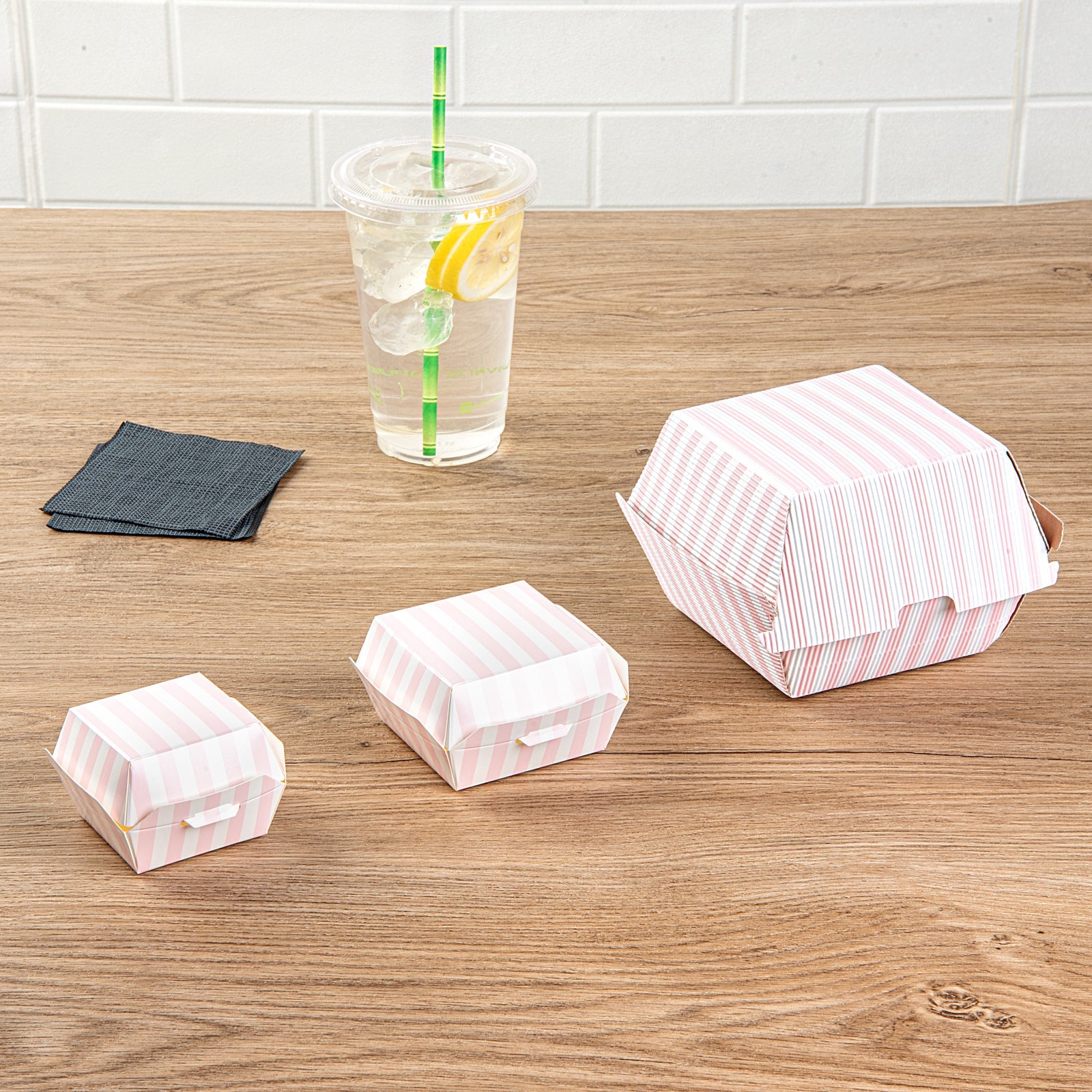 Bio Tek Pink and White Stripe Paper Burger Box - Ripple Wall - 4" x 4" x 3 3/4" - 100 count box