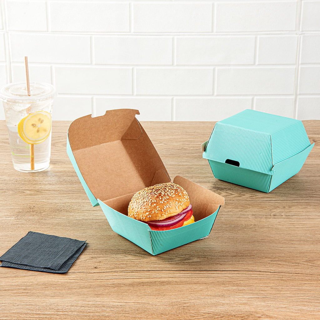 Bio Tek Turquoise Paper Burger Box - Ripple Wall - 4" x 4" x 3 3/4" - 100 count box