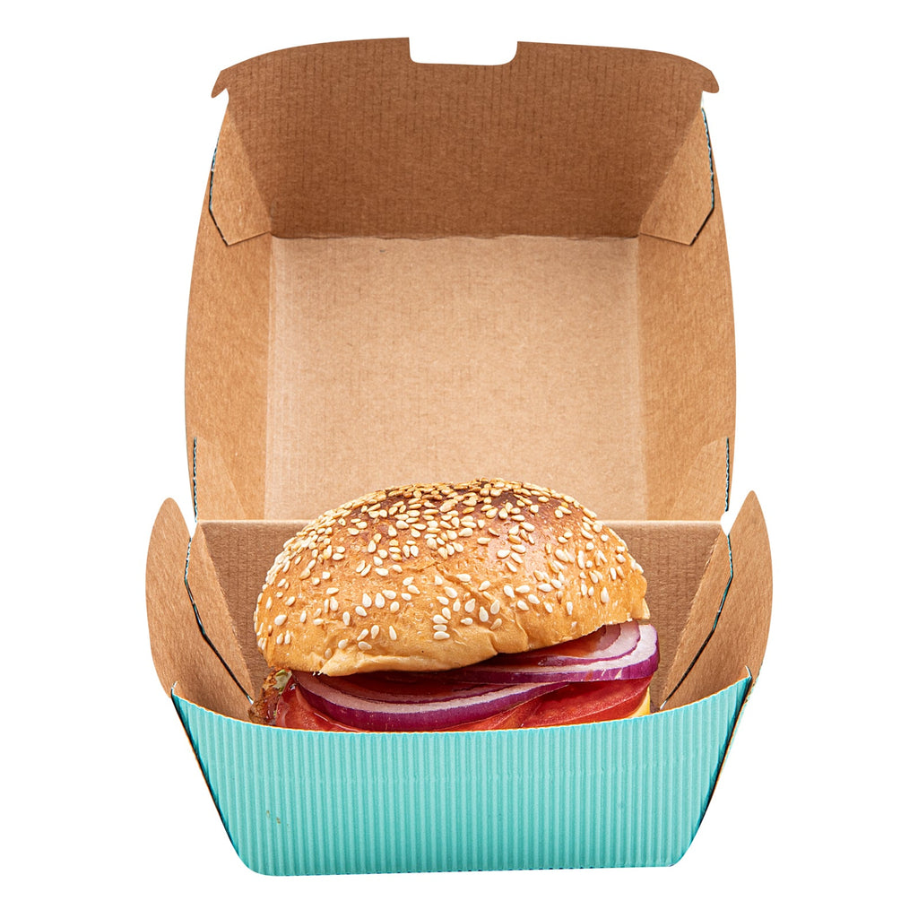 Bio Tek Turquoise Paper Burger Box - Ripple Wall - 4" x 4" x 3 3/4" - 100 count box