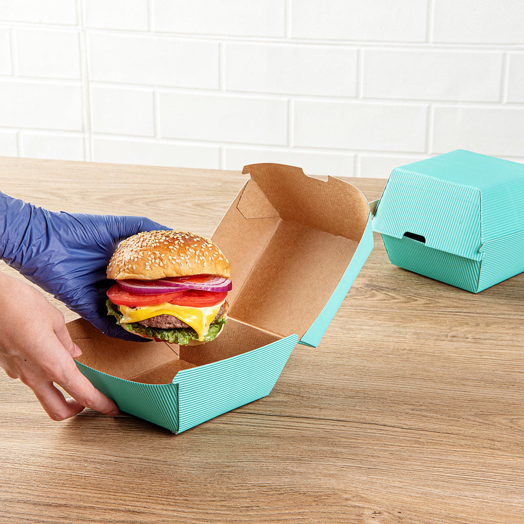 Bio Tek Turquoise Paper Burger Box - Ripple Wall - 4" x 4" x 3 3/4" - 100 count box