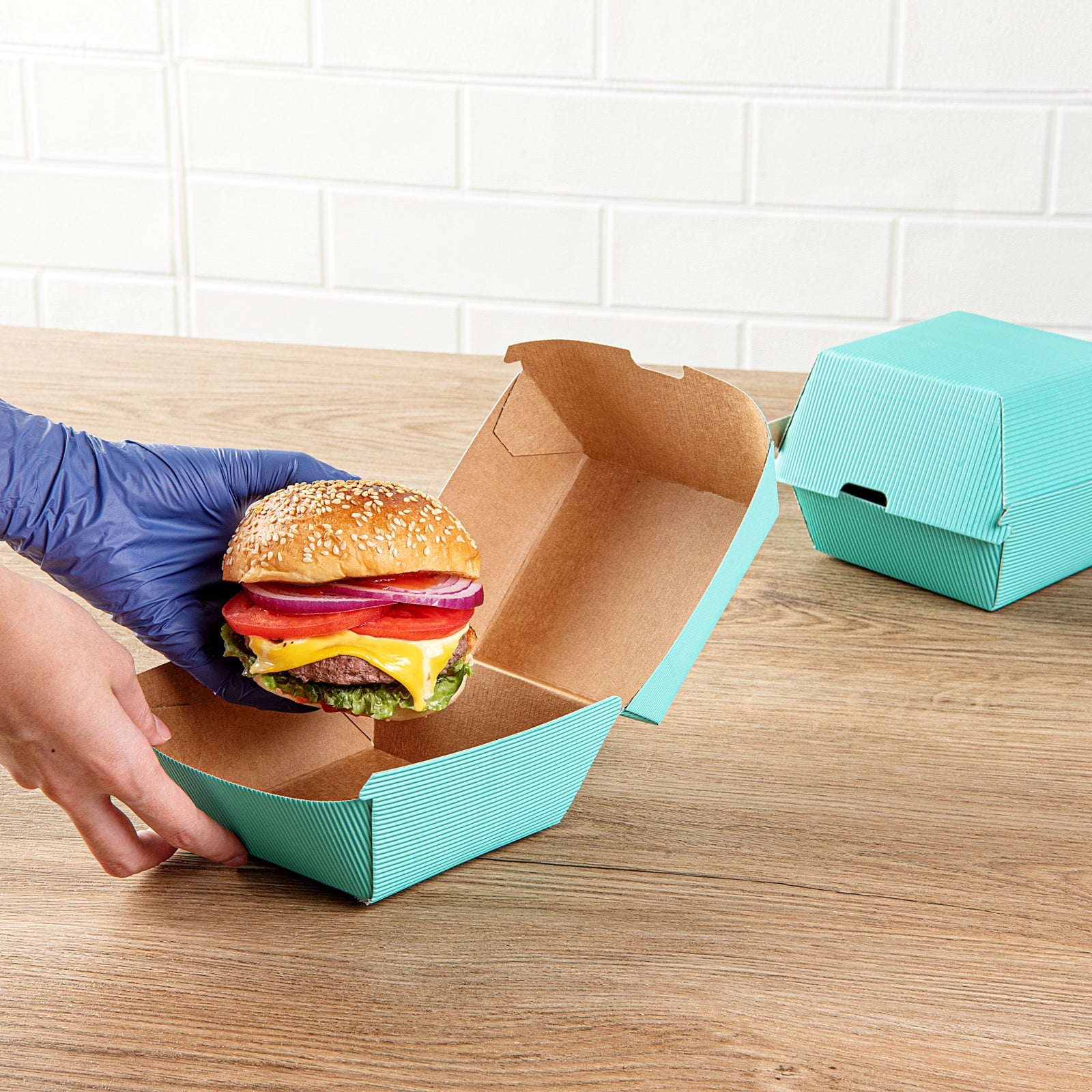 Bio Tek Turquoise Paper Burger Box - Ripple Wall - 4" x 4" x 3 3/4" - 100 count box