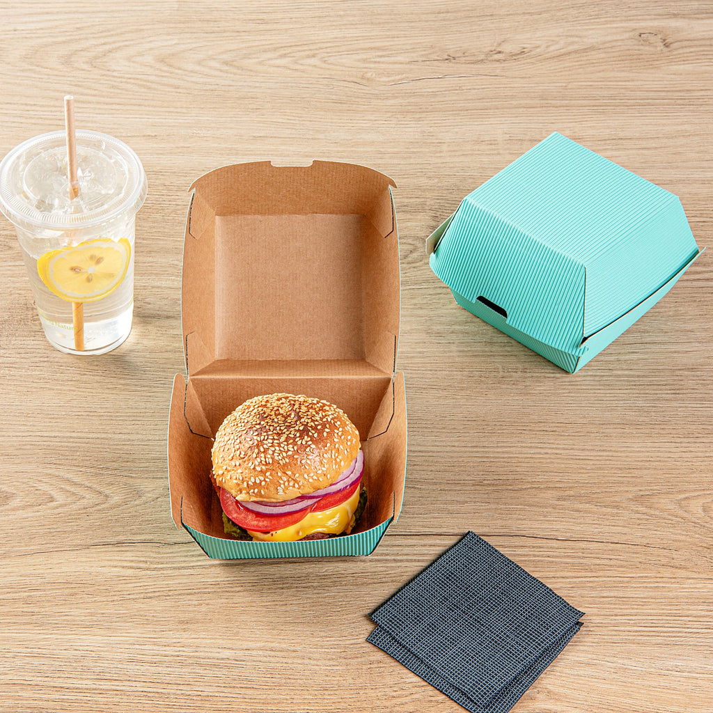 Bio Tek Turquoise Paper Burger Box - Ripple Wall - 4" x 4" x 3 3/4" - 100 count box