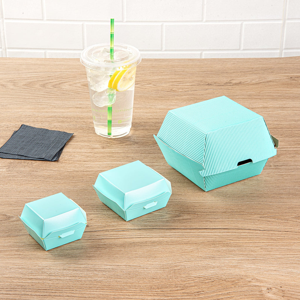 Bio Tek Turquoise Paper Burger Box - Ripple Wall - 4" x 4" x 3 3/4" - 100 count box