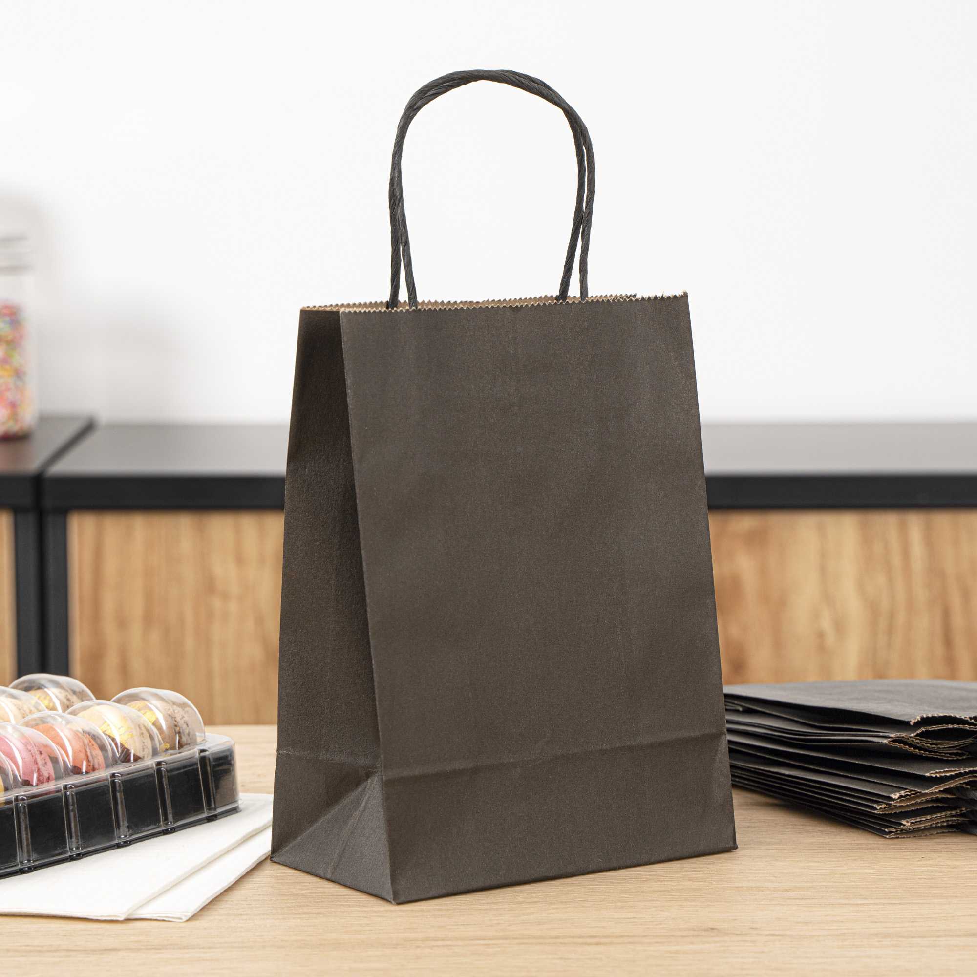 Saving Nature Black Paper Small Retail Bag - with Handles - 6" x 3 1/4" x 8 1/4" - 100 count box