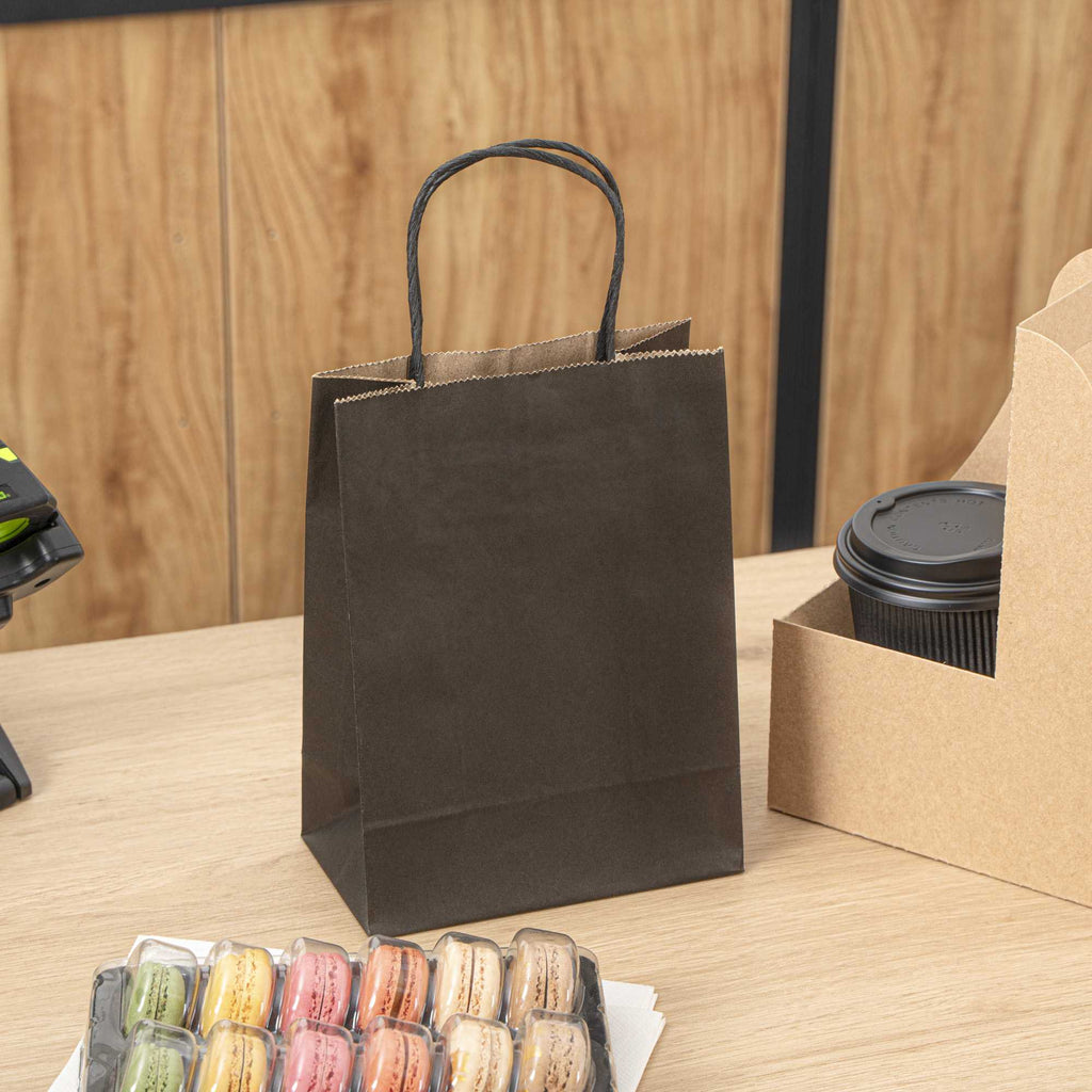 Saving Nature Black Paper Small Retail Bag - with Handles - 6" x 3 1/4" x 8 1/4" - 100 count box