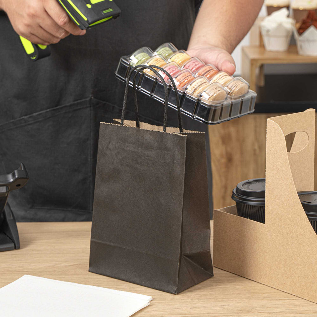 Saving Nature Black Paper Small Retail Bag - with Handles - 6" x 3 1/4" x 8 1/4" - 100 count box