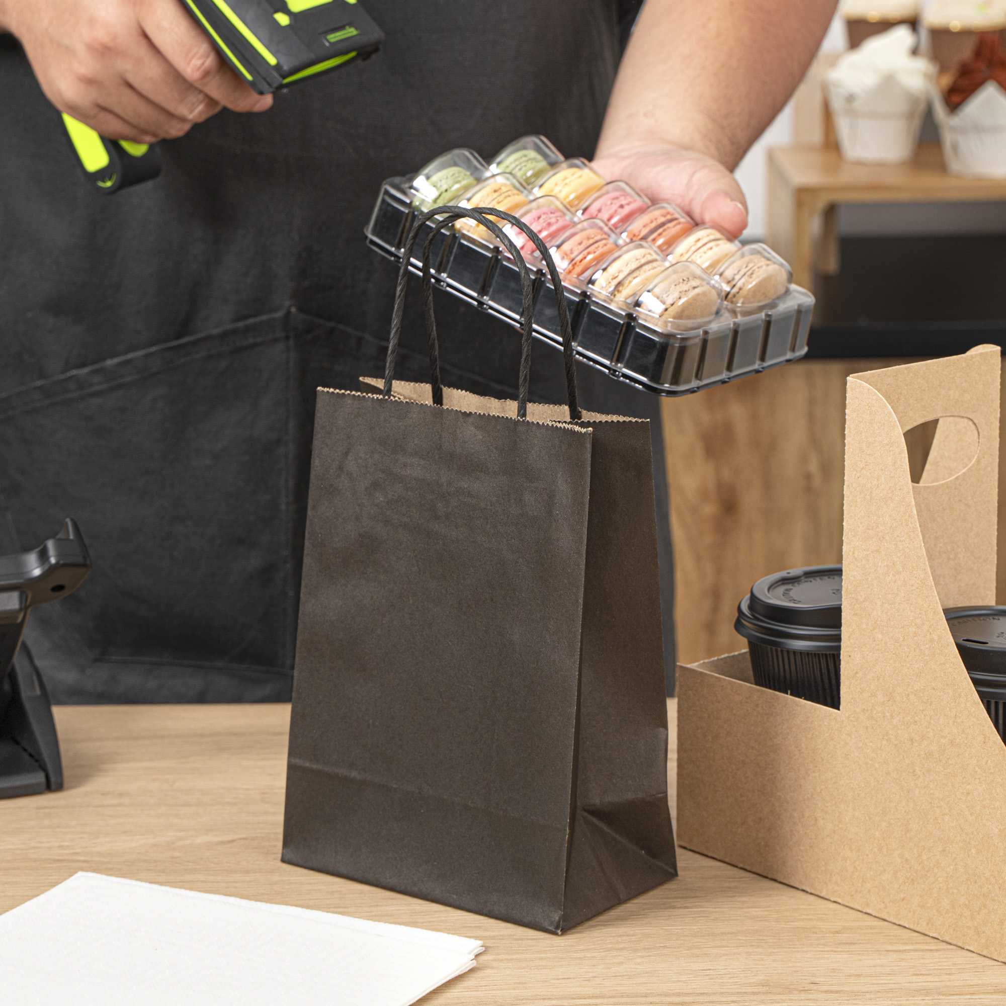 Saving Nature Black Paper Small Retail Bag - with Handles - 6" x 3 1/4" x 8 1/4" - 100 count box