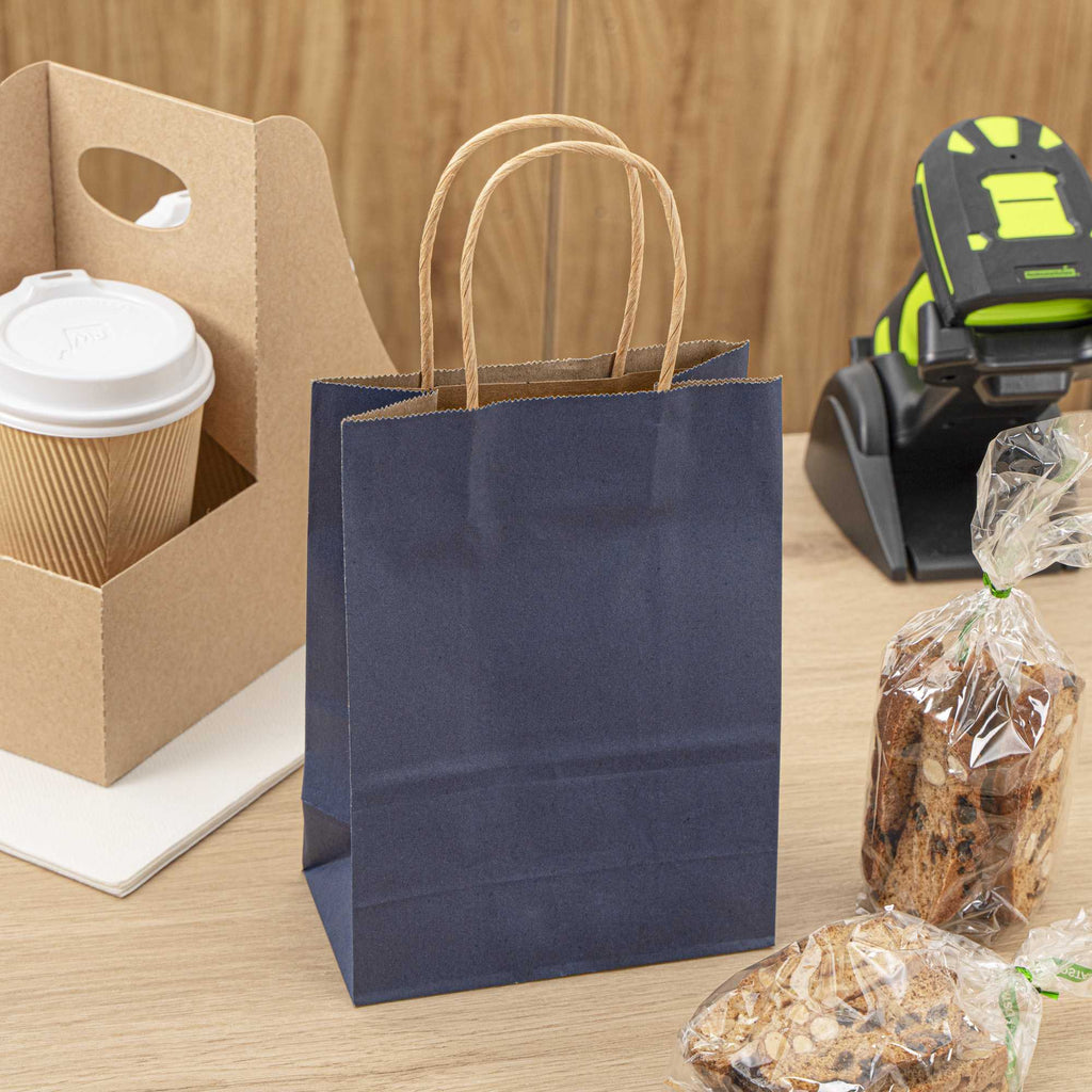 Saving Nature Dark Blue Paper Small Retail Bag - with Handles - 6" x 3 1/4" x 8 1/4" - 100 count box