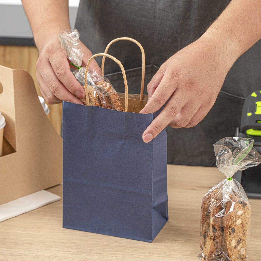 Saving Nature Dark Blue Paper Small Retail Bag - with Handles - 6" x 3 1/4" x 8 1/4" - 100 count box