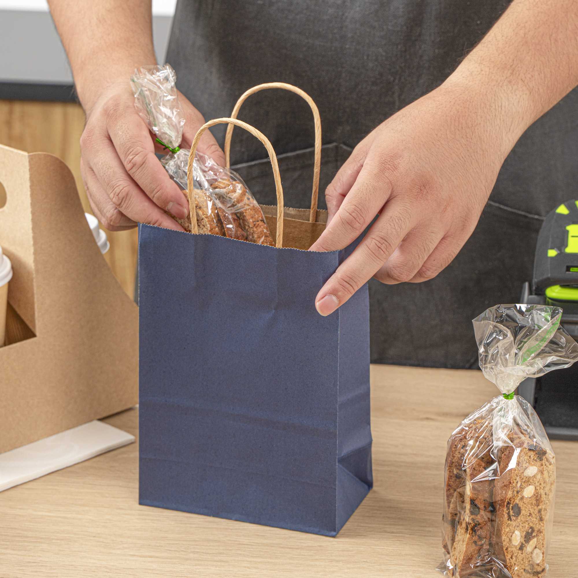 Saving Nature Dark Blue Paper Small Retail Bag - with Handles - 6" x 3 1/4" x 8 1/4" - 100 count box