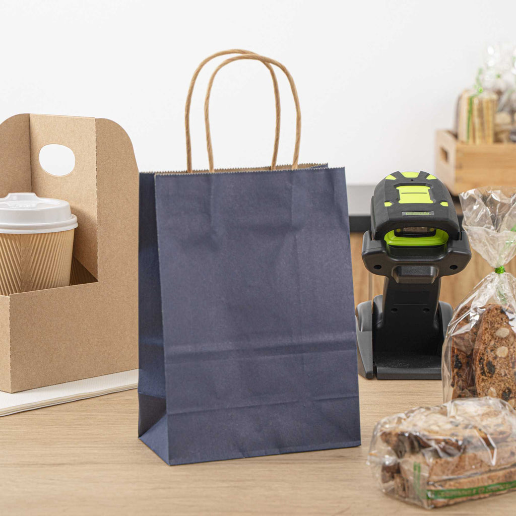 Saving Nature Dark Blue Paper Small Retail Bag - with Handles - 6" x 3 1/4" x 8 1/4" - 100 count box