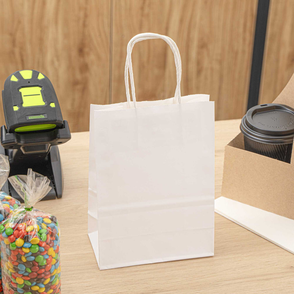 Saving Nature White Paper Small Retail Bag - with Handles - 6" x 3 1/4" x 8 1/4" - 100 count box